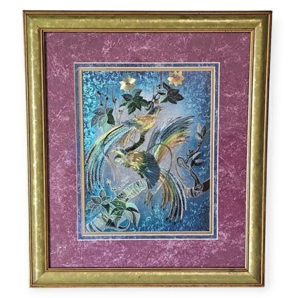 Pheasants, Birds in Tree Metallic Print Framed‎ & Matted 90s Vintage Daytona